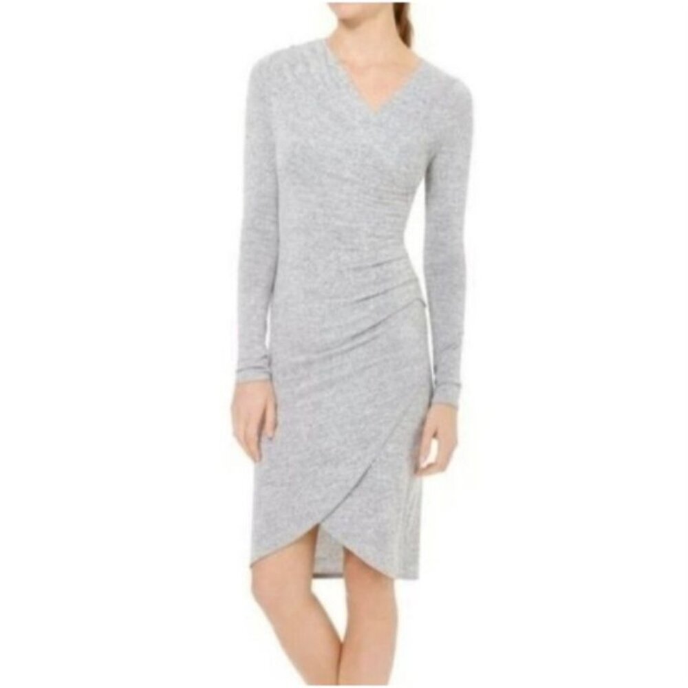 Wilfred Free Aritzia Klum Faux Wrap Dress Medium Heather Grey Ruched Midi Preppy